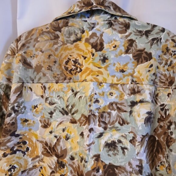 Nwt Floral Roses Twill Denim Full zip up Jacket Coat womens M Mint Brown Mustard - Picture 10 of 12